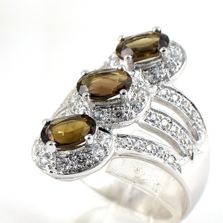 💎S878 แหวนพลอยแท้ แหวนเงินแท้ชุบทองคำขาว พลอยสโมกกี้ควอทซ์แท้ 100%