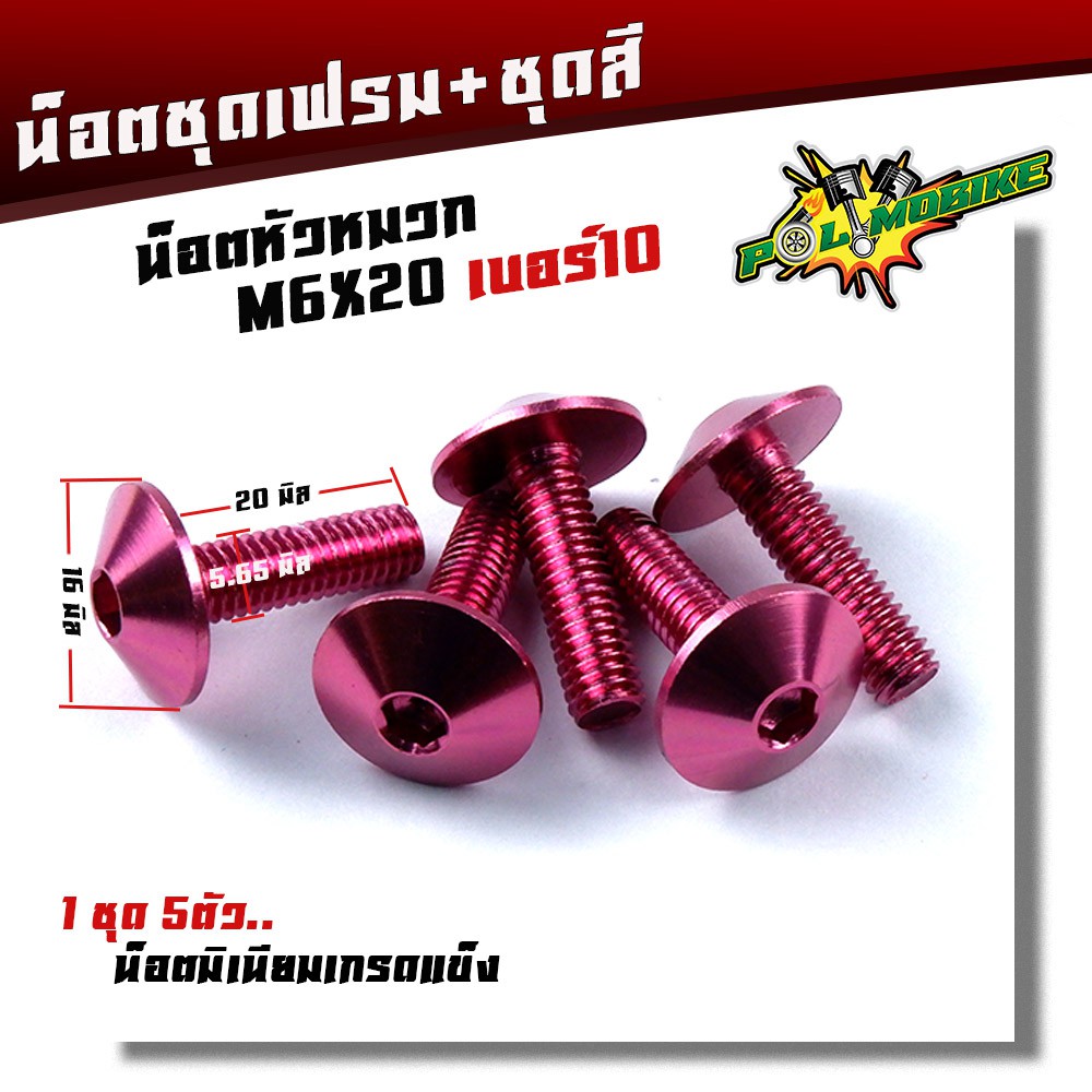 น็อตหัวหมวก เบอร์10 M6*20(1ชุด 5ตัว) น็อตคอนโซลมิเนียม น็อตหัวร่วม เกลียวดี แข็งแรง มีให้เลือกหลายสี