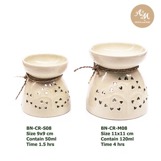 เตาเผาน้ำมันหอมระเหยเคลือบเงาศิลาดลสีครีม ฉลุลายใบโพธิ์ Ceramic Burner(Glaze Siradol)-Cream color (small leaves design)