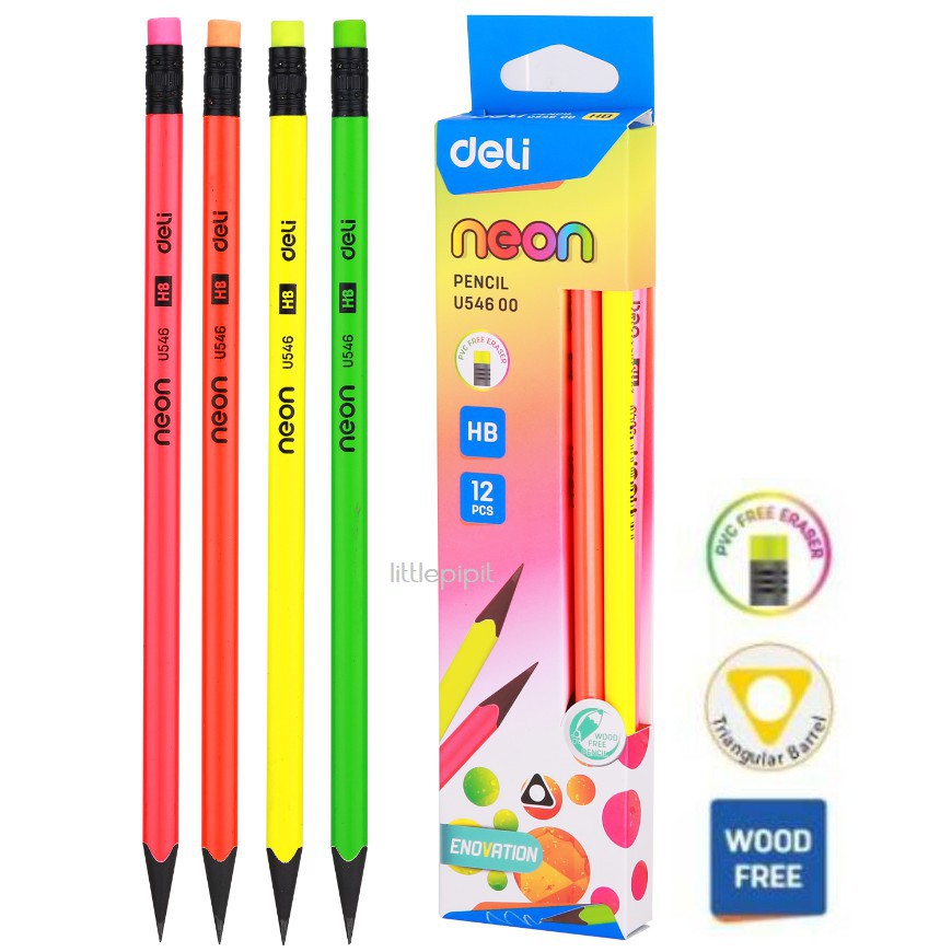 graphite-pencilกล่อง-ดินสอไม้-hb-ทรง-3-เหลี่ยม-สีนีออน-deli-u54600-6กล่อง-แพ็ค-ดินสอไม้-กล่องดินสอ
