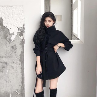 🔥Hot Sale สไตล์เกาหลีหลวมกลางความยาวเสื้อขนสัตว์เสื้อผ้าฤดูใบไม้ร่วงของผู้หญิง 2018 ใหม่นักเรียนยืนคอปกเอวเสื้อขนสัตว์ส