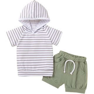 ชุดเสื้อยืดเด็ก ชุดรอมเปอร์ แขนสั้น สีขาว และกางเกงลายทาง และหมวก สําหรับเด็กทารกแรกเกิดผู้ชาย อายุ 0-12 เดือน 3 ชิ้น