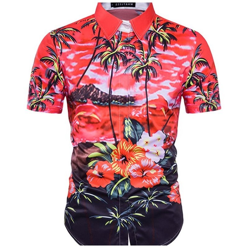 ฤดูร้อนฮาวายชายเสื้อแขนสั้นวันหยุดเสื้อชายหาดชายหาดชายหาดท่องเที่ยวเสื้อหลาใหญ่ดอกไม้เสื้อผ้า