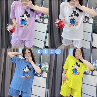 Cici ❣🇹🇭🚚พร้อมส่ง❣(NO.M669)ชุดเซท2ชิ้น เสื้อยืดแขนสั้น+กางเกงขาสั้น สกรีนลาย mickey น่ารักใส่สบาย