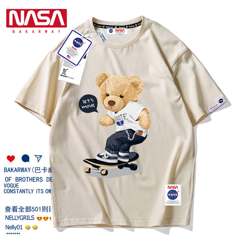 เสื้อโอเวอร์ไซ-j7ajผ้าแขนเสื้อยืดผ้าฝ้ายสั้นพิมพ์การ์ตูนรูปแบบนักบินอวกาศนาซาหลวมพอดีขนาดใหญ่พิเศ