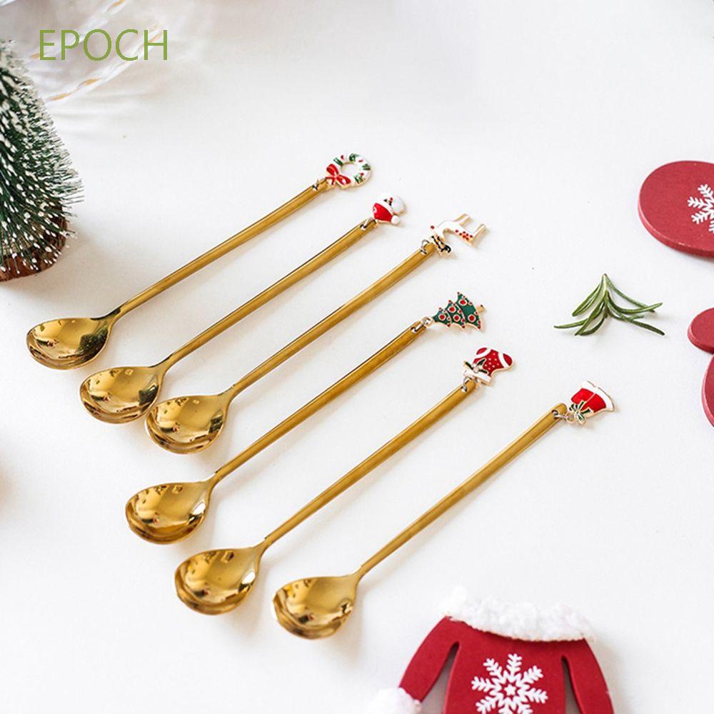 epoch-ช้อนกาแฟสแตนเลสลายคริสต์มาสทนทานหลากสีสําหรับตกแต่งโต๊ะอาหารคริสต์มาส