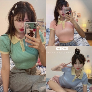 Cici(NO.39087)เสื้อครอปแขนสั้นคอปกผ้าไหมพรม มีดีเทลกระดุม สีหวานโทนพาสเทล