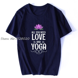 เสื้อยืดผ้าฝ้ายพิมพ์ลายคลาสสิก เสื้อยืดแขนสั้น ผ้าฝ้าย พิมพ์ลาย All You Need Love And Yoga สีน้ําเงินเข้ม แฟชั่นยอดนิยม