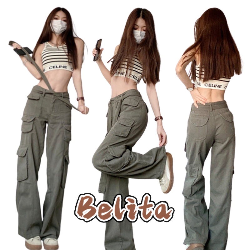 belita-สไตล์อเมริกันชุดหลวมผู้หญิง-2023-ใหม่ย้อนยุคตรงเอวสูงกางเกงลำลองหลวมและบางกางเกงขากว้าง