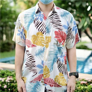 ┅☏℡Hawaiishop เสื้อเชิ้ต เสื้อฮาวายชาย ฮาวายหญิง เสื้อแขนสั้น ผู้หญิงผู้ชายใส่ได้ เสื้อเชิ้ตลายใบไม้ ผ้าบางใส่สบาย พร🎁�