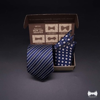 เซ็ทเนคไทลายขวางน้ำเงิน-ขาว+ผ้าเช็ดหน้าสูท-Blue-White Stripe Necktie + Pocket Square