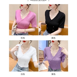 เสื้อแขนสั้นเเต่แขนยัก กระดุมหน้าใหญ่ ใส่เก๋ๆฟรีไซส์ อก32-38ใส่ได้ (4705)