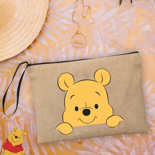 สินค้า กระเป๋าถือ กระเป๋าคลัทช์ ผ้าลินิน พิมพ์ลายหมีพูห์น่ารัก เหมาะกับของขวัญ สําหรับใส่เครื่องสําอาง กุญแจโทรศัพท์