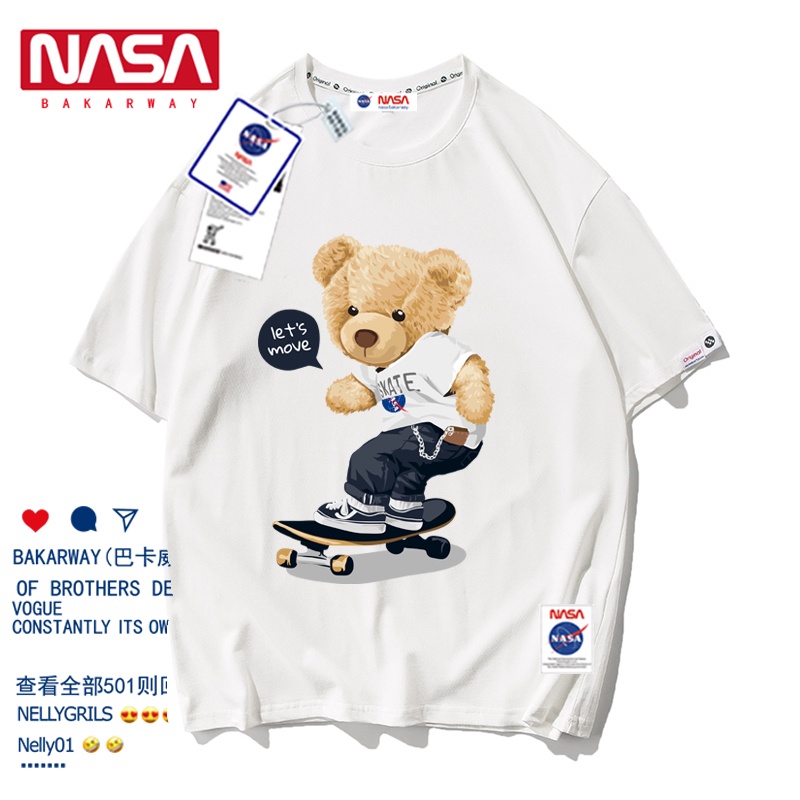 เสื้อโอเวอร์ไซ-j7ajผ้าแขนเสื้อยืดผ้าฝ้ายสั้นพิมพ์การ์ตูนรูปแบบนักบินอวกาศนาซาหลวมพอดีขนาดใหญ่พิเศ