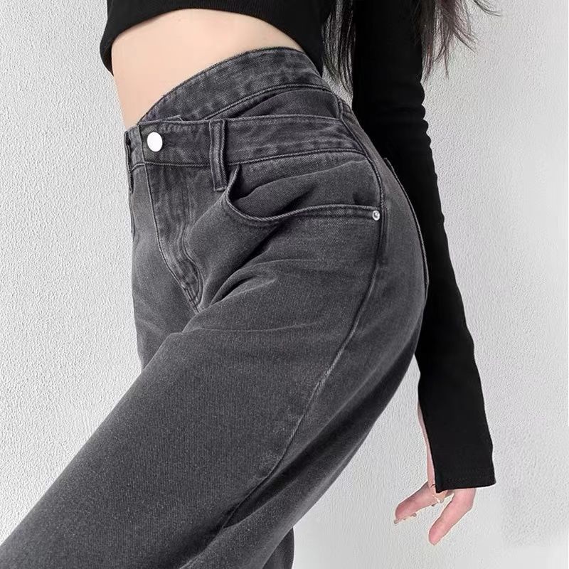 พร้อมส่ง-blue-gray-wide-leg-jeans-womens-new-loose-high-waist-plus-size-fat-sister-straight-design-pants