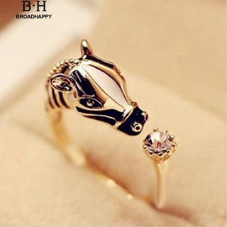 💘broadhappy💍ผู้หญิงแฟชั่นหัวม้าเงา Rhinestone ปรับเปิดแหวน แหวนเกลี้ยง