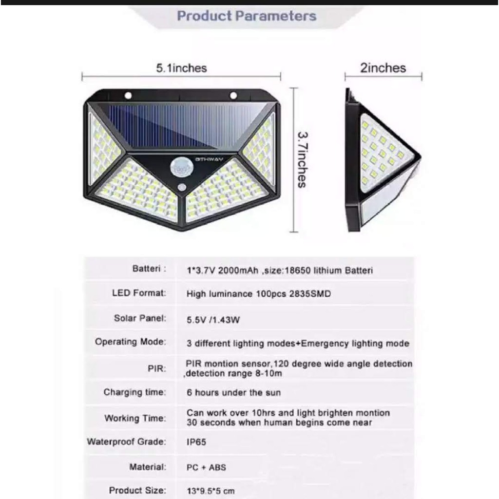 ไฟโซล่าเซลล์ภายนอกอาคาร-100leds-ไฟติดผนัง-ไฟโซล่าเซซล์-ไฟฉุกเฉินทางเดิน-กันน้ำได้-แสงสีขาว