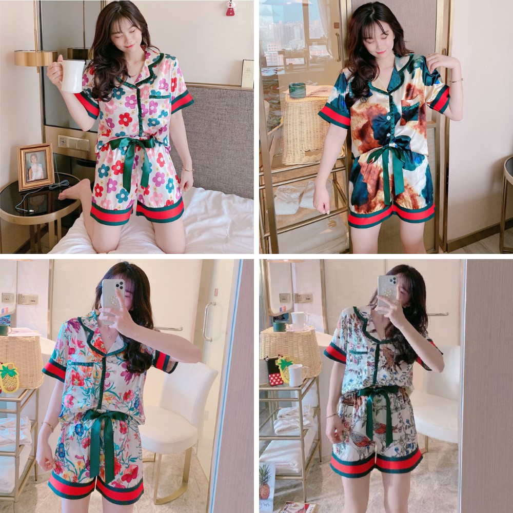 ชุดนอนคอปก ผ้าซาติน แขน-ขาสั้น ชุดนอนลายการ์ตูน ชุดนอนลายน่ารัก ชุดนอน ...