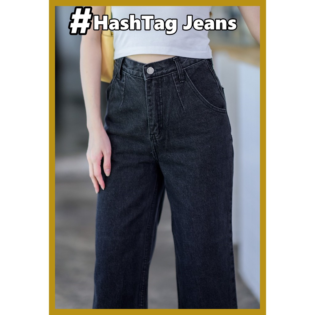 hashtag-jeans-กางเกงยีนส์ขายาว-กางเกงยีนส์ขาบาน-วินเทจขาบาน-กระเป๋าโค้ง-ฟอกดำ-กางเกงยีนส์ผู้หญิง-has9284