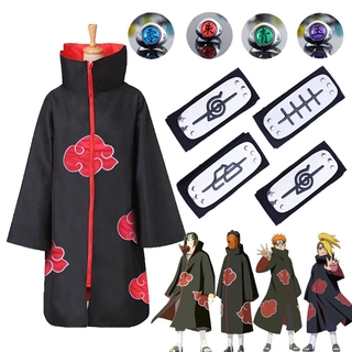 ราคาAnime Naruto Akatsuki Uchiha Itachi Deidara Pain Obito Costume Set Cosplay Cloak Adults Kids Cape Headband Ring for Halloween