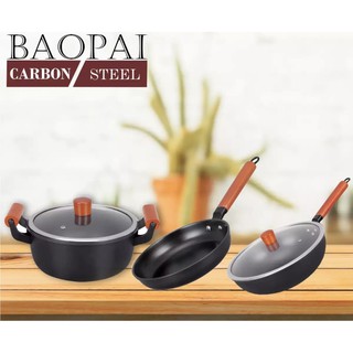 ชุดกระทะ หม้อ คาร์บอนสตีล CARBON STEEL กระทะก้นแบนและก้นลึก 2 ชิ้นพร้อมหม้ออเนกประสงค์ 1 ชิ้น/ชุด