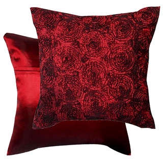 A16-Thai Silk Pillow Covers ปลอกหมอนอิง ไหมไทยลายปักดอกกุหลาบ 16×16 นิ้ว 1 คู่ สีแดง