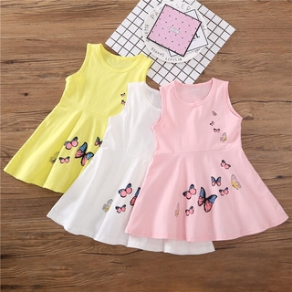 แฟชั่น 2-6 ปีเด็กสาวแต่งตัวเสื้อผ้าฝ้ายฤดูร้อนพิมพ์ผีเสื้อชุดเดรสสีเหลือง