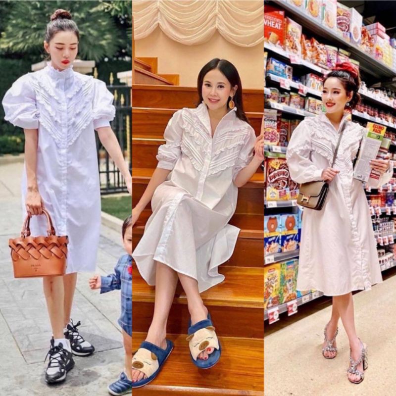 เดรสเชิ้ตยาวใส่ทำบุญ-เดรสใส่ไปวัด-ทำงาน-เดรสทรงสุภาพเหลือชมพูกับมะนาว