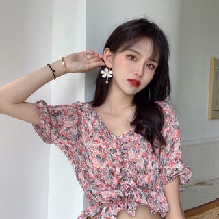 เสื้อครอปชีฟองคอวี แขนสั้นลายดอกไม้(D0002)