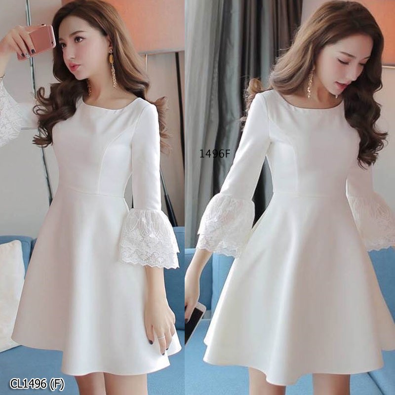 cl1496-dress-เดรสสั้น-แขนศอก-ปลายแขนตัดต่อด้วยผ้าลูกไม้