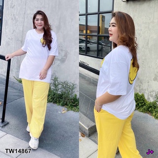 TW14867 Set 2 ชิ้น BigSize เสื้อยืดโอเวอร์ไซส์ คอกลม แขนสั้น + กางเกงขายาว ขากระบอกใหญ่ มีกระเป๋าล้วงข้าง ผ้าคอตตอน