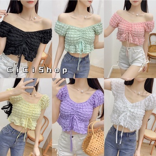 Cicishop(177)เสื้อครอปแขนสั้นทรงบอลลูน แต่งสายผูกโบว์ นุ่มนิ่ม น่ารักปุกปิก