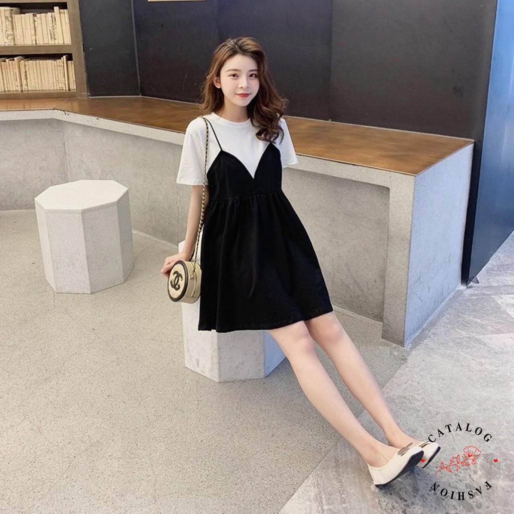ภาพสินค้าCatalog Fashion ชุดเดรสแฟชั่นเกาหลี เสื้อยืดสีขาวเย็บติดกับเอี๊ยมสายเดี่ยว ทรงใหญ่ น่ารัก จากร้าน catalog2live บน Shopee ภาพที่ 5