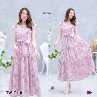 TW17115 เดรสลายดอกมาใหม่ ระบายแขน  มีโบว์เอว เนื้อผ้านิ่ม ใส่สบาย พิมลายดอกไม้