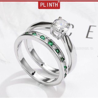 PLINTH แหวนเงินแท้ 925 แหวนเพชรคู่มรกตสีเขียวประดับคริสตัล1178