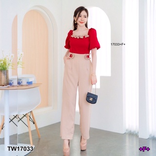 TW17033 Jumpsuit จั้มสูทแขนพองขายาว อกแต่งระบาย สีทูโทน เนื้อผ้าฮานาเกะ เอวมีสายผูกเก็บทรงชุด  มีซิปซ่อนด้านหลัง