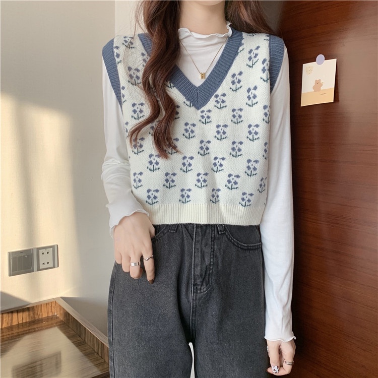 chemisegrace-พร้อมส่ง-เสื้อกั๊กไหมพรมเกาหลี-เสื้อกั๊กผ้าถัก-คอวี-ลายดอกไม้-แบบสวมหัว-น่ารักสุดๆจ้า-ทรงหลวม-23165