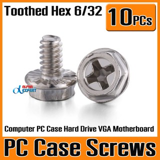 น็อตคอมพิวเตอร์ 10PCs Toothed Hex 6/32 Computer PC Case Hard Drive VGA Motherboard Mounting Screws 10X6mm