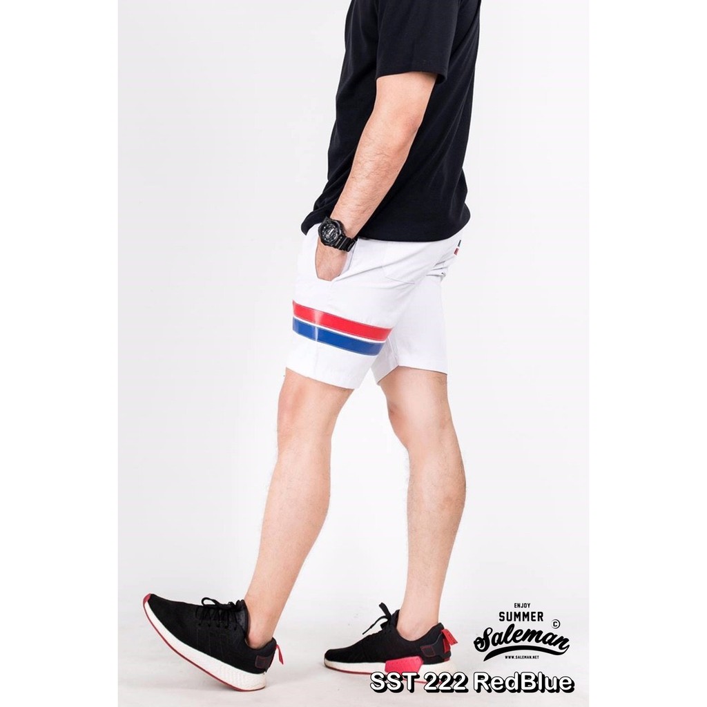 กางเกงขาสั้น-พรีเมี่ยม-ผ้า-cotton-รหัส-sst-222-redblue-สีขาว-แถบแดงน้ำเงิน