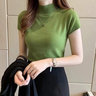 เสื้อครอปไหมพรมแขนสั้น กึ่งคอเต่า แฟชั่นสุดฮิต สไตล์สาวเกาหลี เนื้อยืด ผ้านิ่ม ใส่สบาย