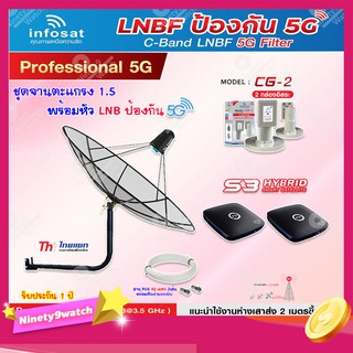 Thaisat C-Band 1.5M (ขางอยึดผนัง 53 cm.) + Infosat LNB C-Band 5G 2จุด รุ่น CG-2 + PSI S3 HYBRID 2 กล่อง + สายRG6 40 x2