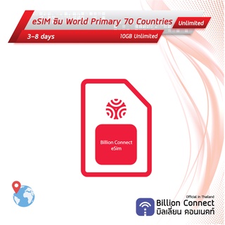 eSIM World Primary 70 Countries Sim Card Unlimited 10GB: ซิมทั่วโลก 3-8 วัน by ซิมต่างประเทศ Billion Connect