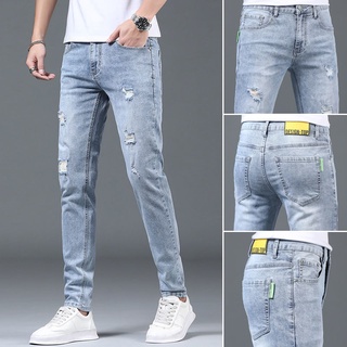 ∏●♕High street light-colored ripped กางเกงยีนส์ผู้ชายแบรนด์น้ำตรง slim ยืดฤดูร้อนบางสบายๆผู้ชาย trousers