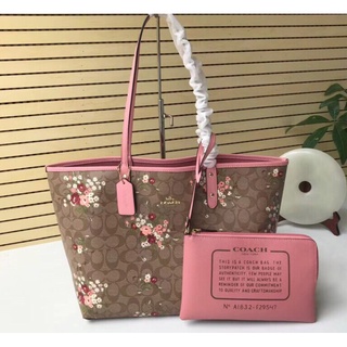 Coach F29547 Reversible City Zip Tote ใน Signature Canvas With Floral Bundle Print Women Handbag Shopping Shoulder Bag