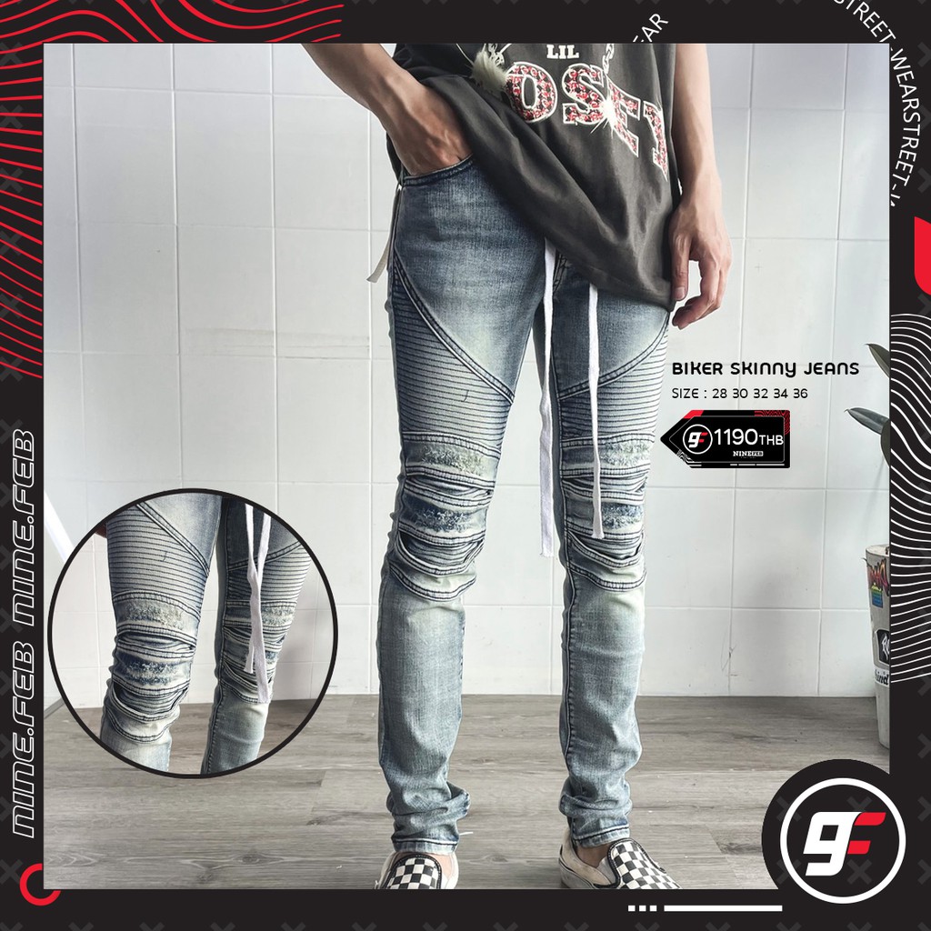 ภาพหน้าปกสินค้า9FEB Biker jeans กางเกงยีนส์ฟอก skinny