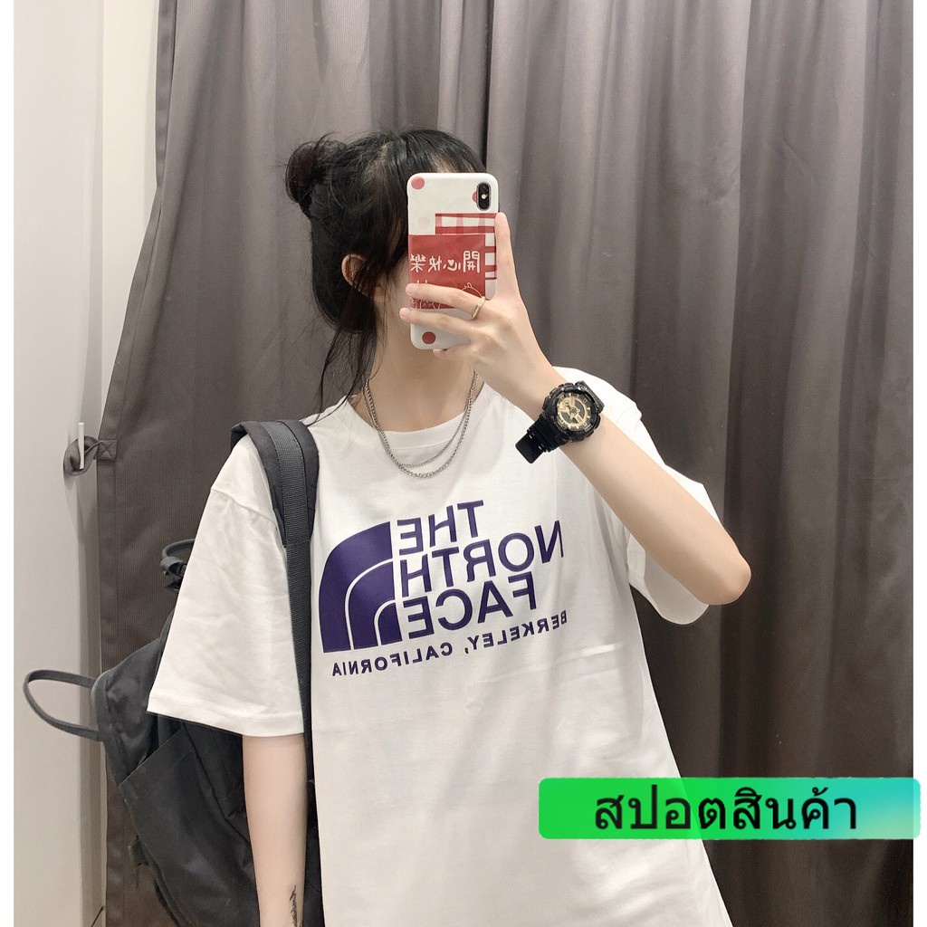 thenorthface-north-เสื้อยืดลําลองสําหรับผู้ชายผู้หญิงผ้าฝ้ายแขนสั้นพิมพ์ลายโลโก้สีม่วงทรงหลวม