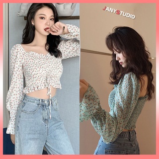 เสื้อเชิ้ตแขนยาวเปิดหลัง แขนพัฟ ลายดอกไม้ละเอียดอ่อน เบาสบายสไตล์ลำลอง น่ารัก เซ็กซี่ ผอมเพรียว มีหลากหลายสีให้เลือก