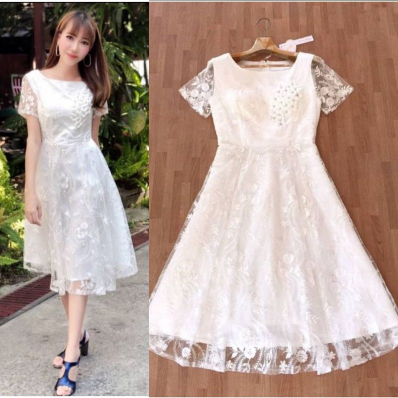 ชุดราตรีสั้น-m-l-dress-เดรสสีขาวผ้าปักลูกไม้สวยหรู-งานป้าย-love-love