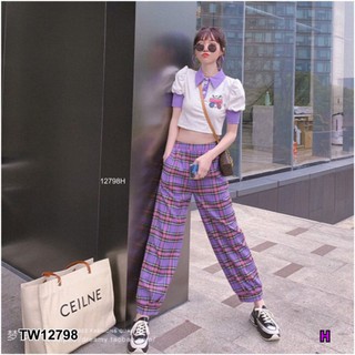 TW12798 Set 2 ชิ้น เสื้อคอปกแขนสั้น เอวลอยผ้าเนื้อยืดสแปนเด็กซ์ + กางเกงขายาวลายสก็อต