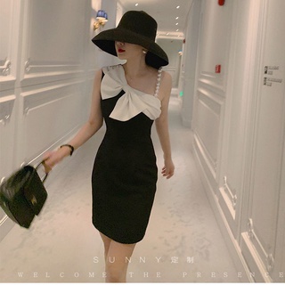 🔥Hot Sale /22415  2022 high-end French retro dress womens sexy slim sloping shoulders niche design bow skirt